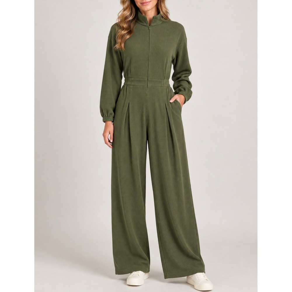 Halara Long Sleeve Zipper Front Wide Leg Waffle Jumpsuit Sage Green S Small New